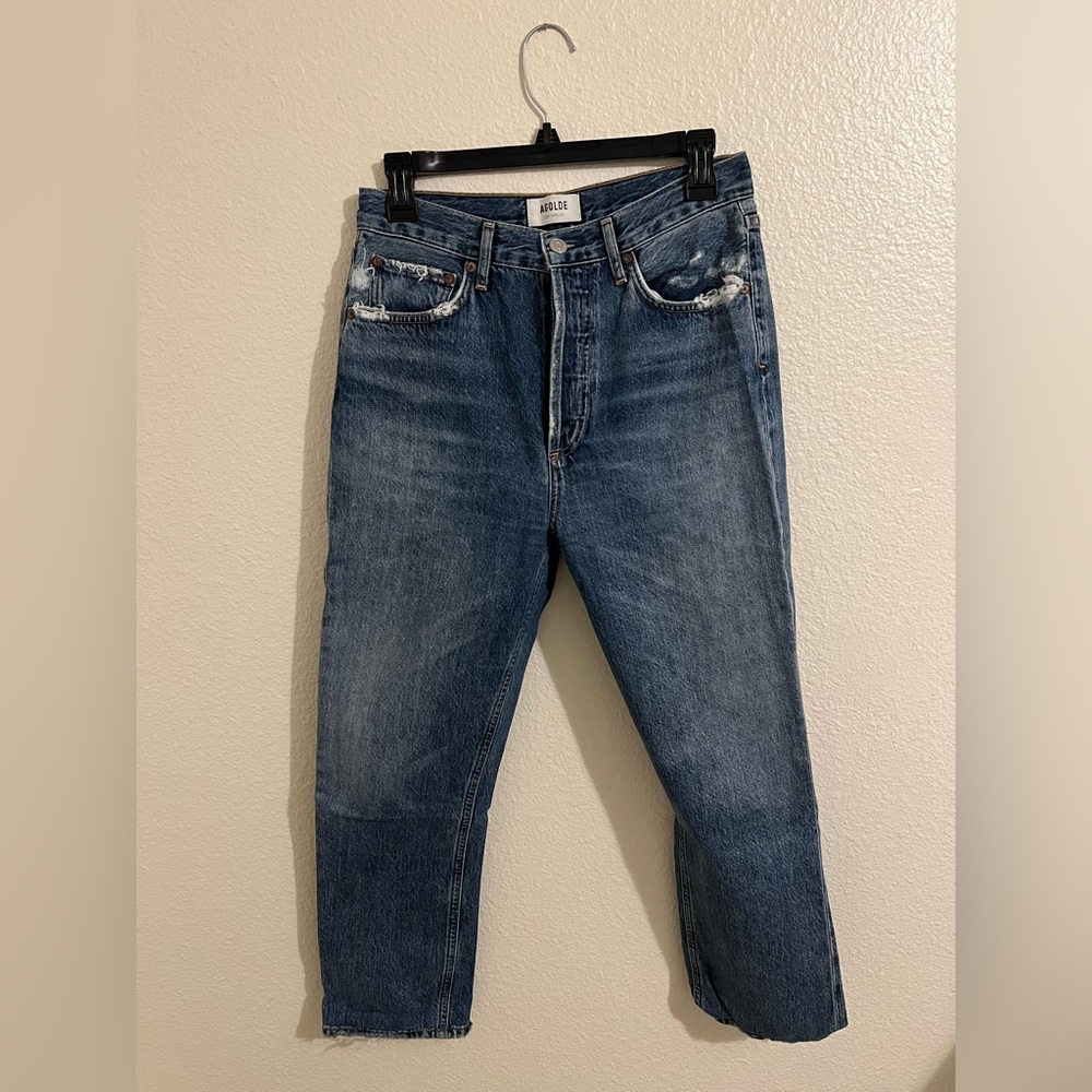 Agolde High Rise Straight Crop Jeans in Medium Blue Denim